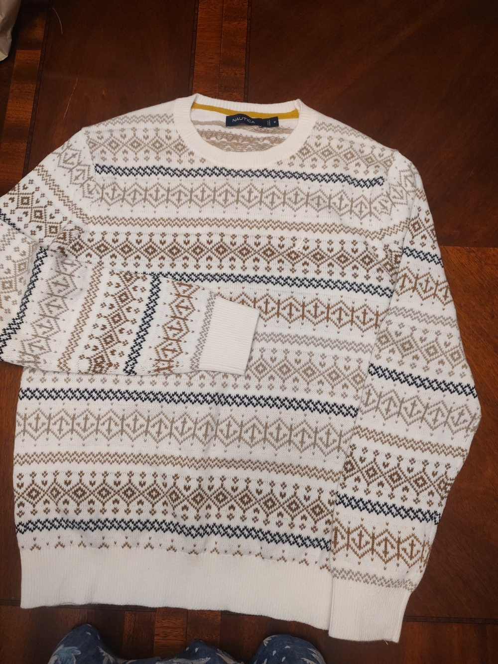Nautica Men’s Cream Fair Isle Crewneck with Navy & Tan Accents